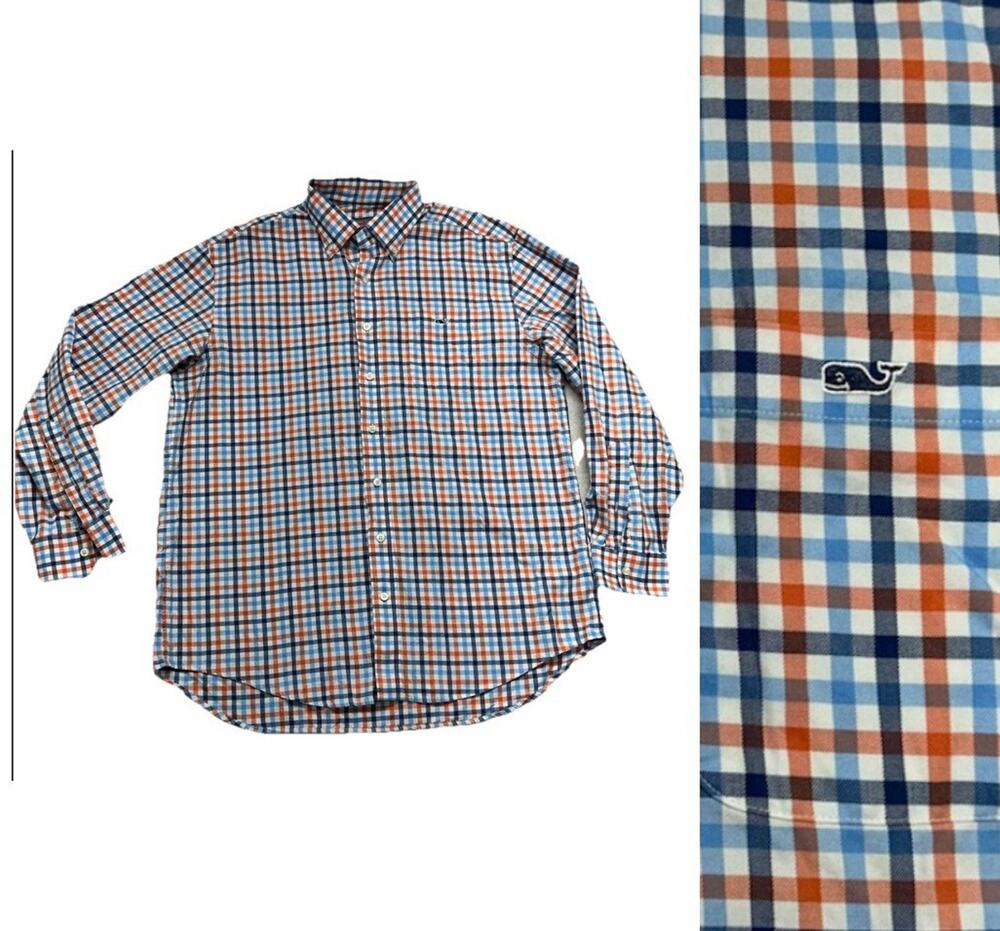 Vineyard Vines Tucker Shirt Large Long Sleeve Button Down Plaid Orange Blue